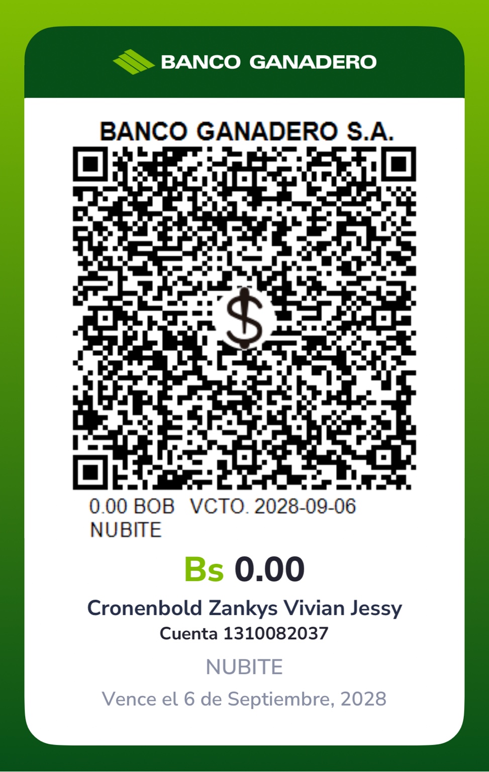 QR de pago NUBITE en Banco Ganadero